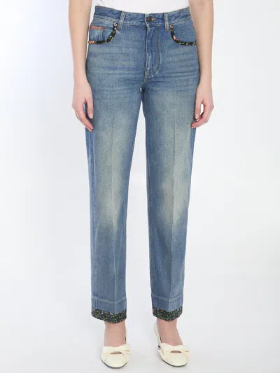Valentino Garavani Floral Print Jeans In Blue