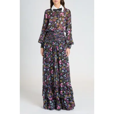 Valentino Garavani Floral Print Long Sleeve Silk Georgette Gown