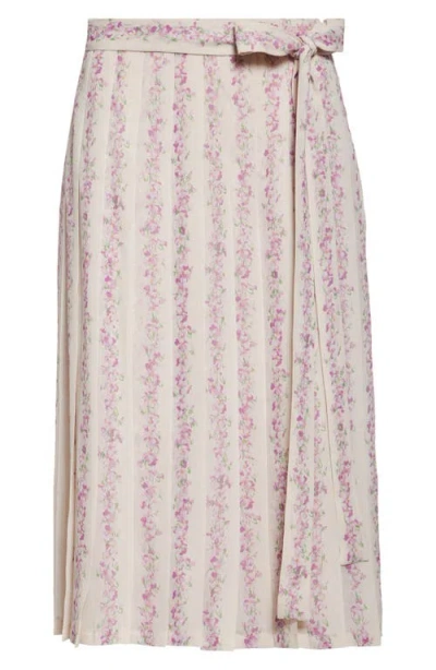Valentino Garavani Floral Print Pleated Silk Georgette Skirt In Avorio/lilla