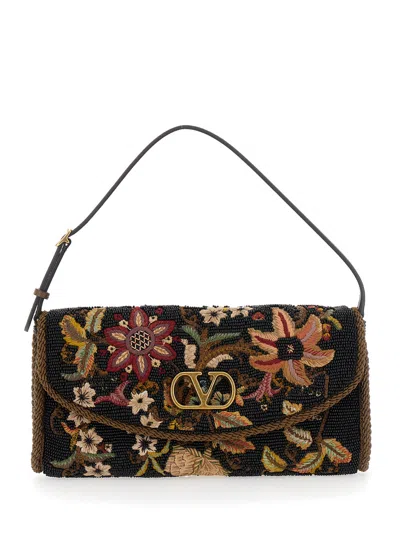Valentino Garavani Floral-embroidered Silk Shoulder Bag In Black