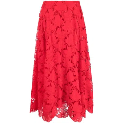 Valentino Garavani Floral-lace Midi Skirt In Red
