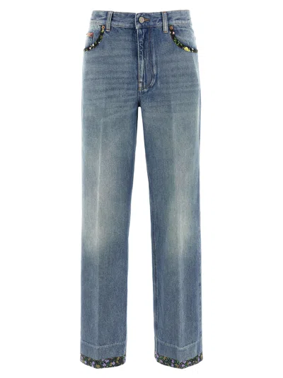 Valentino Garavani Floral-trimmed Denim Jeans In Blue