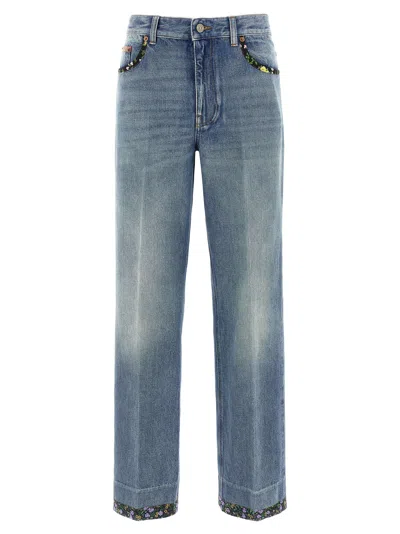 Valentino Garavani Floral-trimmed Denim Jeans In Blue