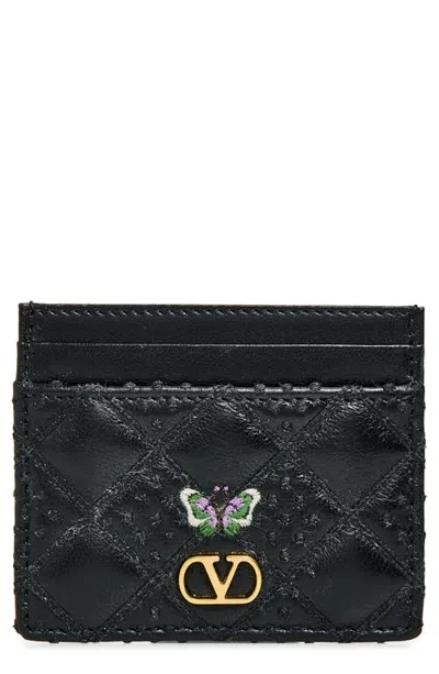 Valentino Garavani Flutterby Quilted Leather Card Case In Black