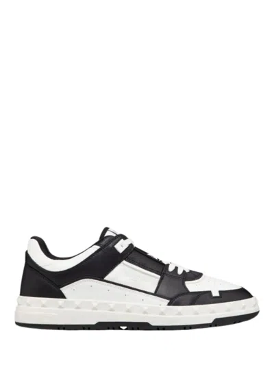 Valentino Garavani 'freedots' White And Black Low Top Sneakers With Studs In Leather Man