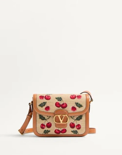 Valentino Garavani Garavani 9to5 Shoulder Bag In Jacquard Raffia With Cherryfic Motif Woman Natural/ In Natural/red