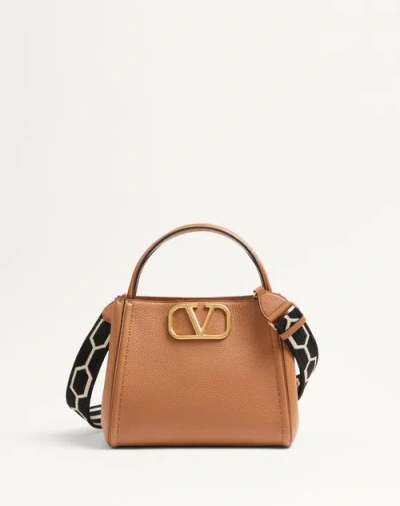 Valentino Garavani Garavani Alltime Medium Handbag In Grainy Calfskin With Jacquard Ribbon Shoulder  In Almond/black/white