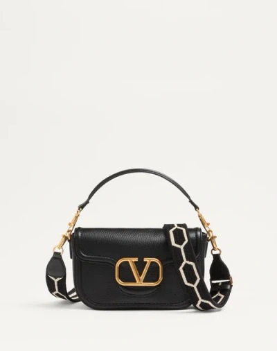 Valentino Garavani Garavani Alltime Shoulder Bag In Grainy Calfskin With Jacquard Ribbon Strap Woman In Black/white