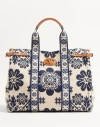 Valentino Antibes Large Leather-trimmed Floral-jacquard Tote In Ivory/navy/natural