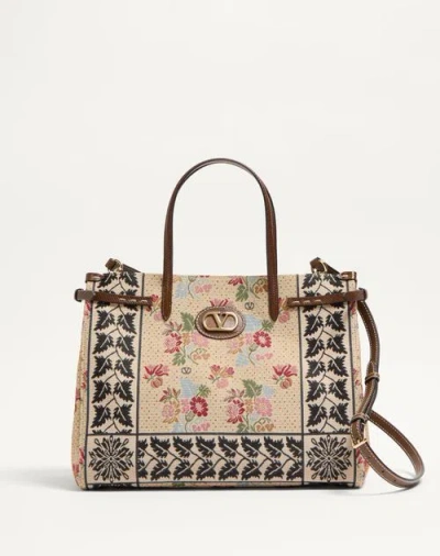 Valentino Garavani Garavani Antibes Medium Shopping Bag In Jacquard And Karung Fabric Woman Multicol In Multicolour/tobacco