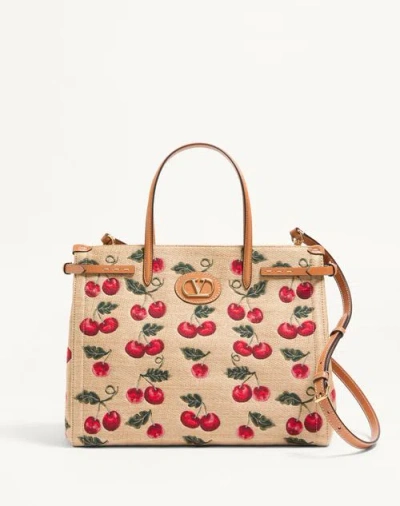 Valentino Garavani Garavani Antibes Medium Shopping Bag In Jacquard Raffia With Cherryfic Motif Woma In Natural/red
