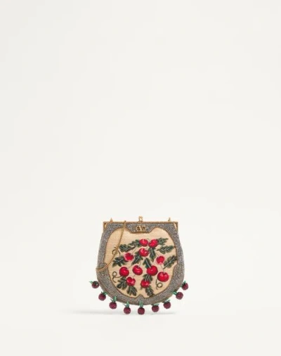 Valentino Garavani Garavani Nellcote Fairytales Beaded Clutch In Jacquard Raffia With Cherryfic Patt In Natural/multicolour