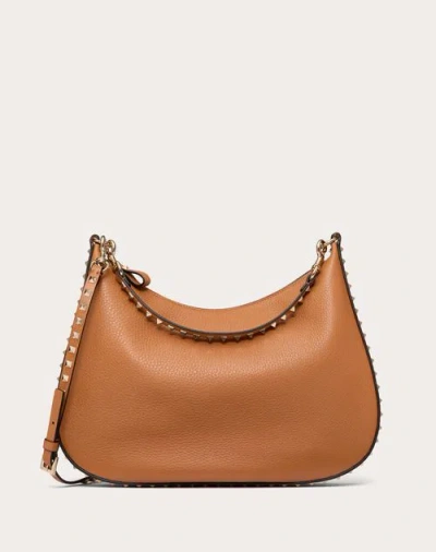 Valentino Garavani Garavani Rockstud Hobo Bag In Grainy Calfskin Woman Almond Uni In Almond-colored