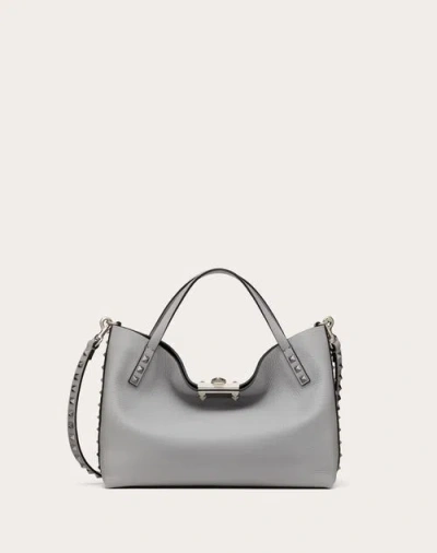 Valentino Garavani Garavani Rockstud Small Grainy Calfskin Bag With Contrasting Lining Woman Grey/bl In Gray