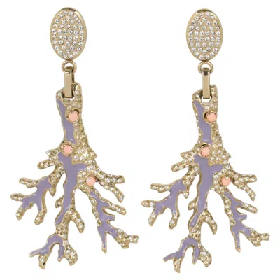 Pre-owned Valentino Garavani Gilded And Lavender Enamel Clip Earrings With Coral Cabochons In Red