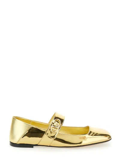 Valentino Garavani Gold Colored Mary Jane Ballerina With Vlogo Detail In Mirrored Leather Woman In Multicolor