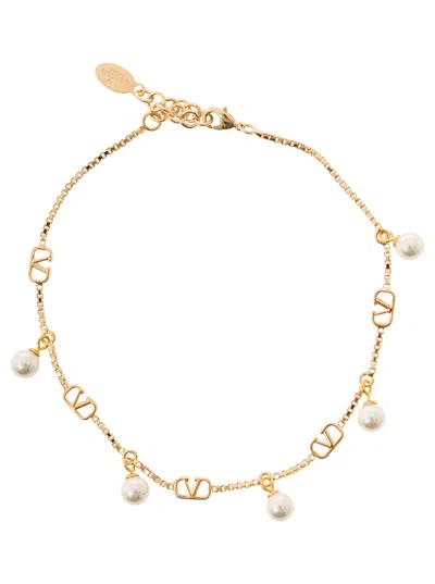 Valentino Garavani Gold-tone Anklet With Pearls And Vlogo Detail In Brass Woman In Multicolor