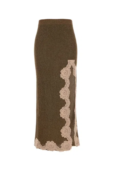 Valentino Lace-trimmed Ribbed Lurex Midi Skirt In Brown