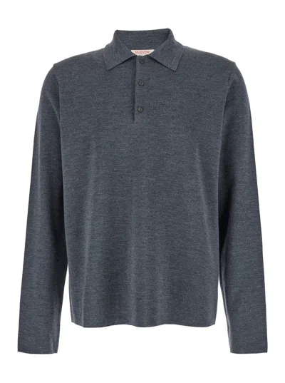 Valentino Garavani Grey Polo Shirt With Classic Collar And Long Sleeves In Wool Man In Multicolor