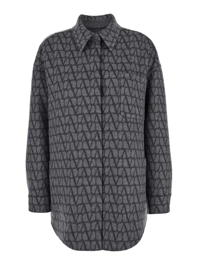 Valentino Garavani Grey Reversible Shirt With 'toile Iconographe Jacquard' Pattern In Wool Blend Wom In Metallic