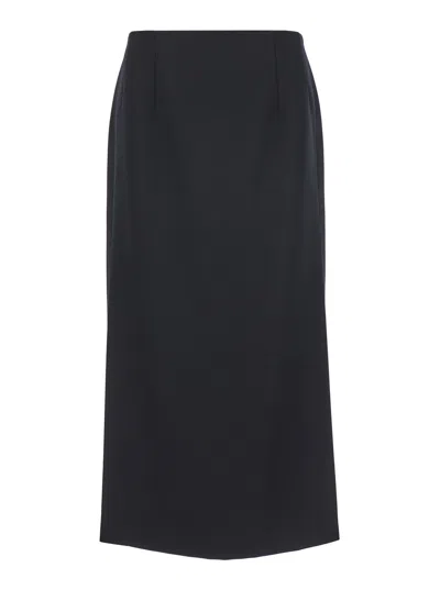 Valentino Garavani 'grisaille' Black Midi Skirt With Side Splits In Wool Woman In Blue