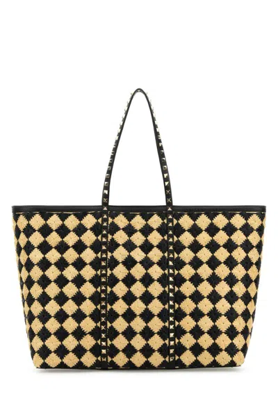 Valentino Garavani Embroidered Raffia Rockstud Shopping Bag In Neutral