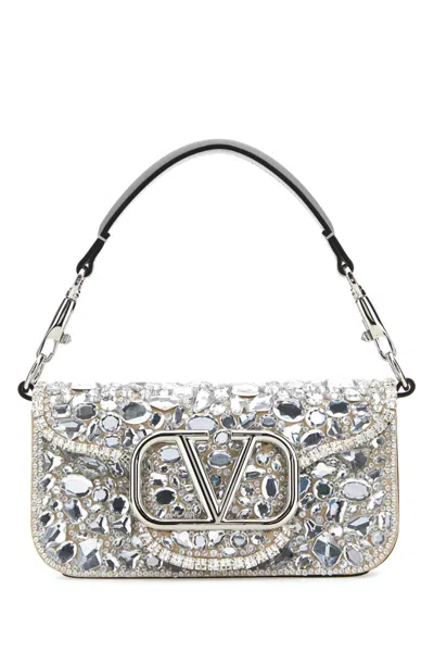 Valentino Garavani Embellished Leather Small Locã² Handbag In Silver