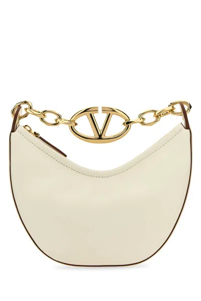 Valentino Garavani White Mini Hobo Vlogo Moon Bag In Nappa Leather With Chain In Beige