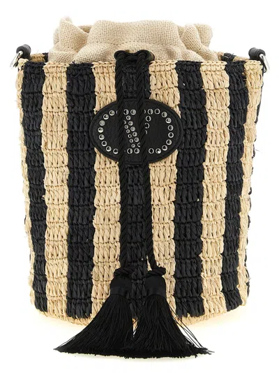 Valentino Garavani Hand-woven Raffia Striped Bucket Bag In Black