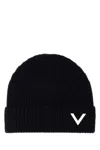 Valentino Folded Brim Cashmere Knit Beanie In Black