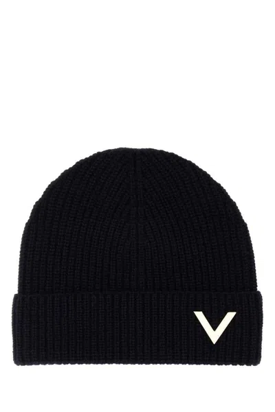 Valentino Garavani Folded Brim Cashmere Knit Beanie In Black