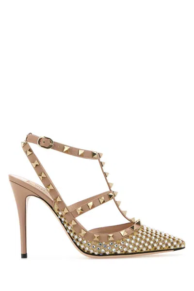 Valentino Garavani Studded Mesh Ankle Strap Pointed Pumps In Brown