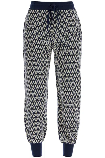 Valentino Garavani High-waisted Wide-leg Zigzag Cream And Navy Virgin Wool Pants Women In Blue