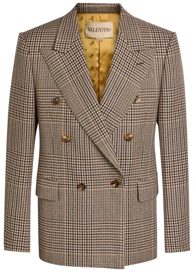 Valentino Garavani Houndstooth Double-breasted Wool Blazer In Brown