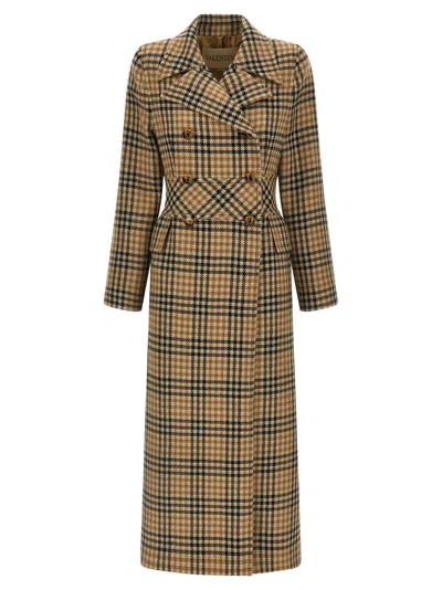 Valentino Garavani Houndstooth Wool Coat In Beige