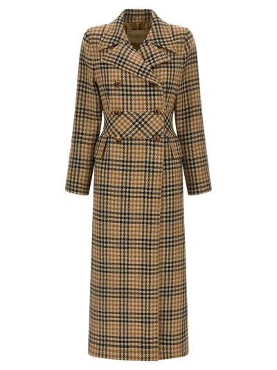 Valentino Garavani Houndstooth Wool Coat In Brown
