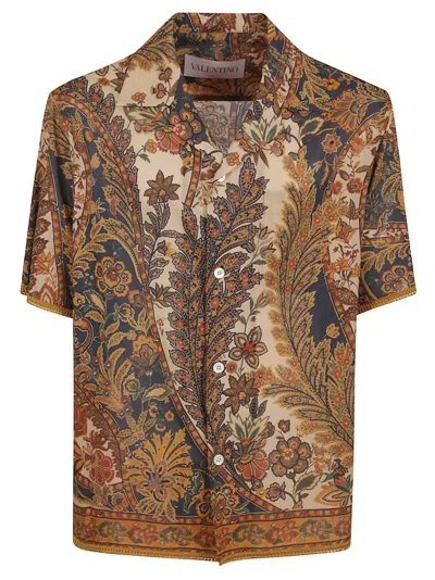 Valentino Garavani Intricate Floral Print Cotton Bowling Shirt In Beige