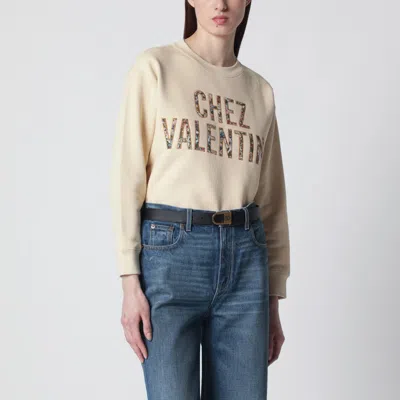Valentino Garavani Ivory Cotton Sweatshirt With Chez  Floral Motif In Nude