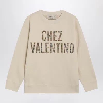 Valentino Garavani Ivory Cotton Sweatshirt With Chez  Floral Motif In Sand