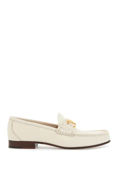Valentino Garavani Ivory Leather Loafer With Golden Metal V Logo In Beige