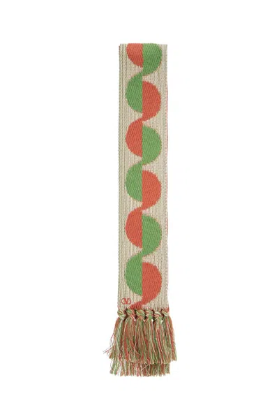 Valentino Garavani Ivory Orange Green Patterned Scarf With Fringes Spring Summer In Beige