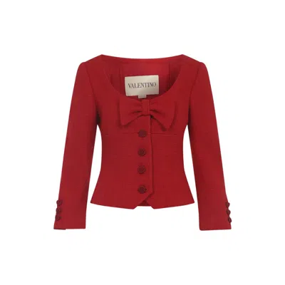 Valentino Womens Bow-embroidered Scoop-neck Tweed Jacket Paris In Red