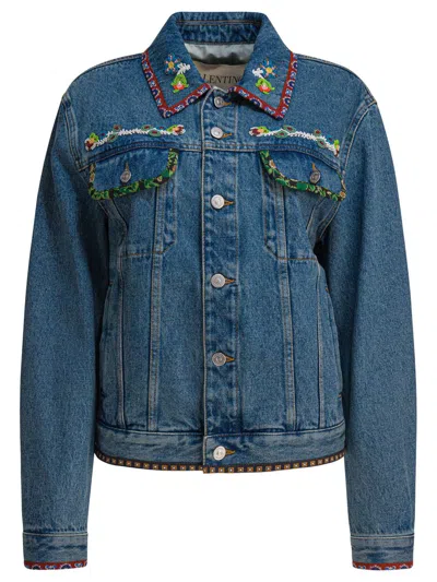Valentino Beaded-embroidery Denim Jacket In Blue
