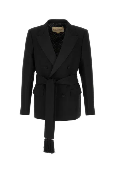 Valentino Wool Blazer Belted Waist Double Breasted Tassels In Black