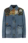 Valentino Denim Jacket Padded Collared Neck Patchwork In Blue