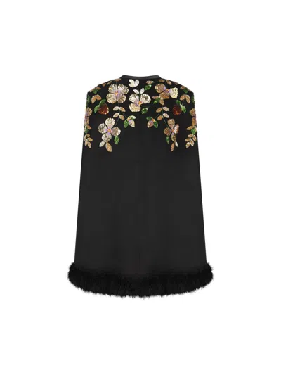 Valentino Embroidered Cashmere Cape With Feather Trim In Black