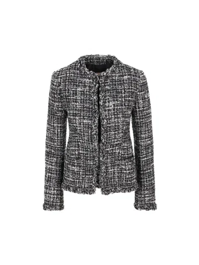 Valentino Braided Collar Tweed Fitted Jacket In Black/medium Gray/white