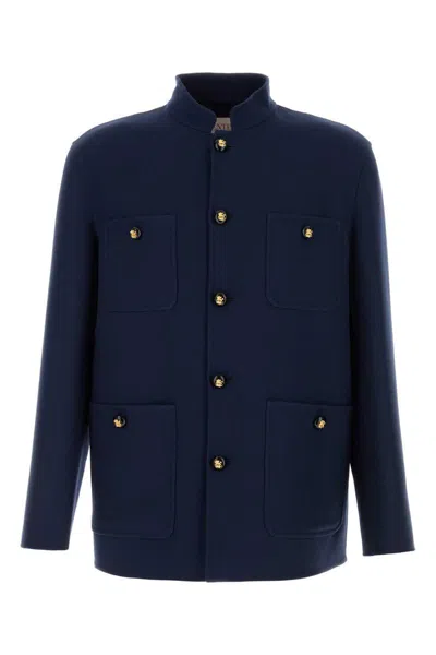 Valentino Double Wool Jacket With Mandarin Collar In Indigo