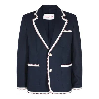 Valentino Garavani Torchon Blazer With Mirror Lapels And Piping In Blue