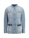 Valentino Embellished Printed Chiffon-trimmed Denim Jacket In Blue